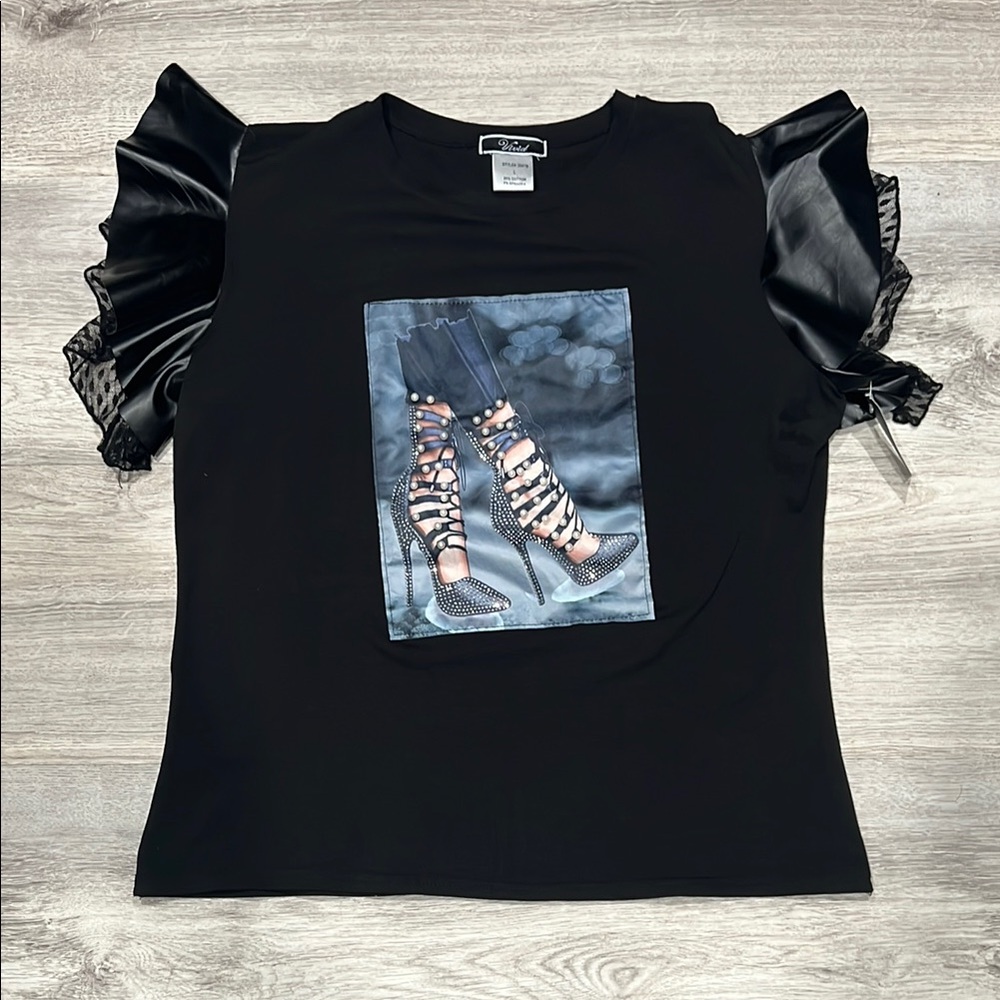 Black Women's Vivid T-Shirt with Ruffle Faux Leather and Lace Sleeves